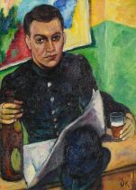 Portrait of a man in an interior, post-war British oil on board, mounted and framed, 30.5cm x 22cm