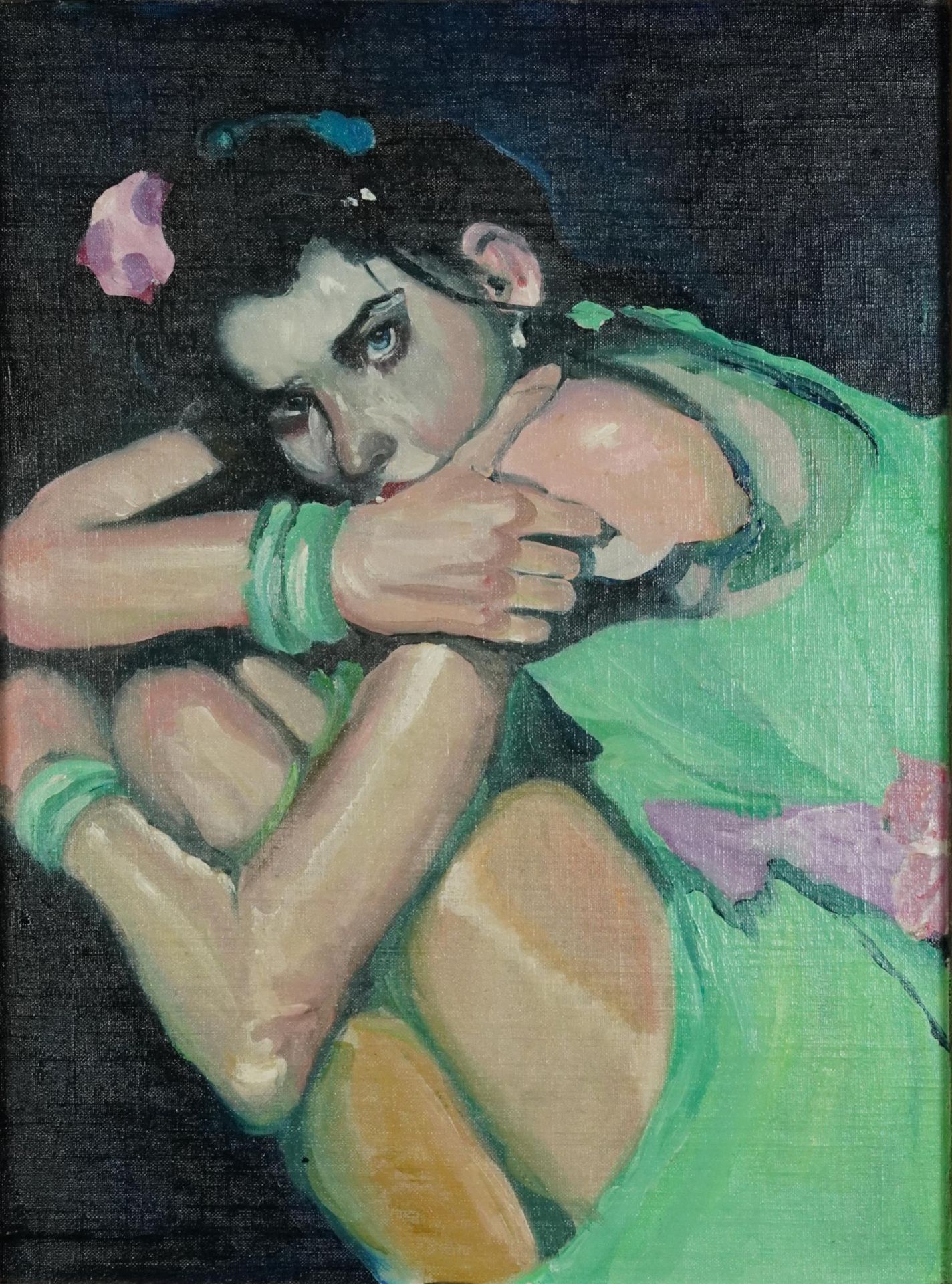 Clive Fredriksson - Portrait of a female wearing a green dress, contemporary oil on canvas board,