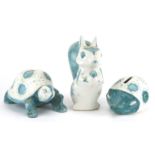 Three Rye Pottery moneyboxes by David Sharp comprising a squirrel, hedgehog and tortoise, the