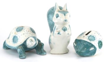 Three Rye Pottery moneyboxes by David Sharp comprising a squirrel, hedgehog and tortoise, the