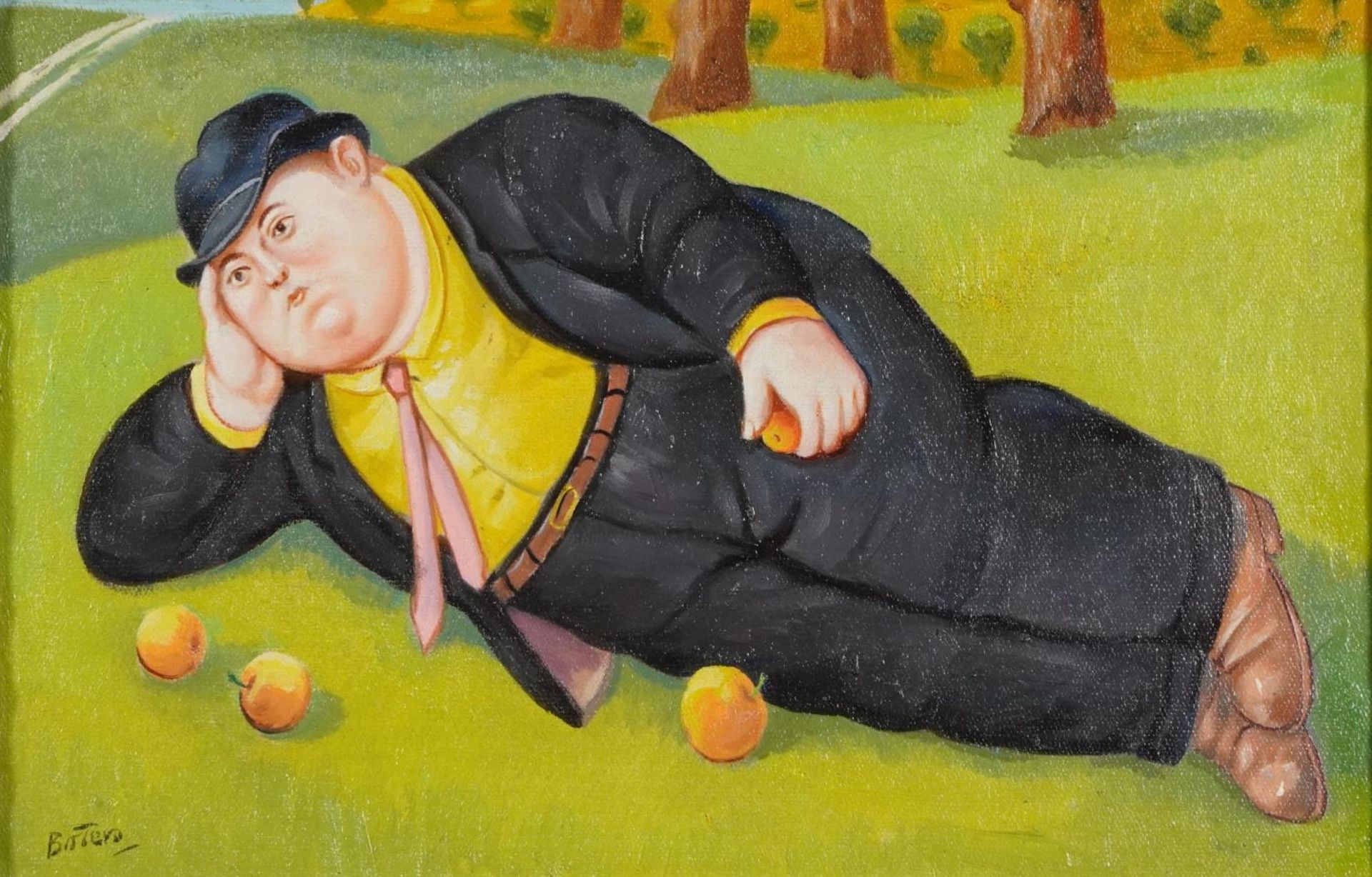 Manner of Fernando Botero - Man in a field with four oranges, Italian Impressionist oil on board,