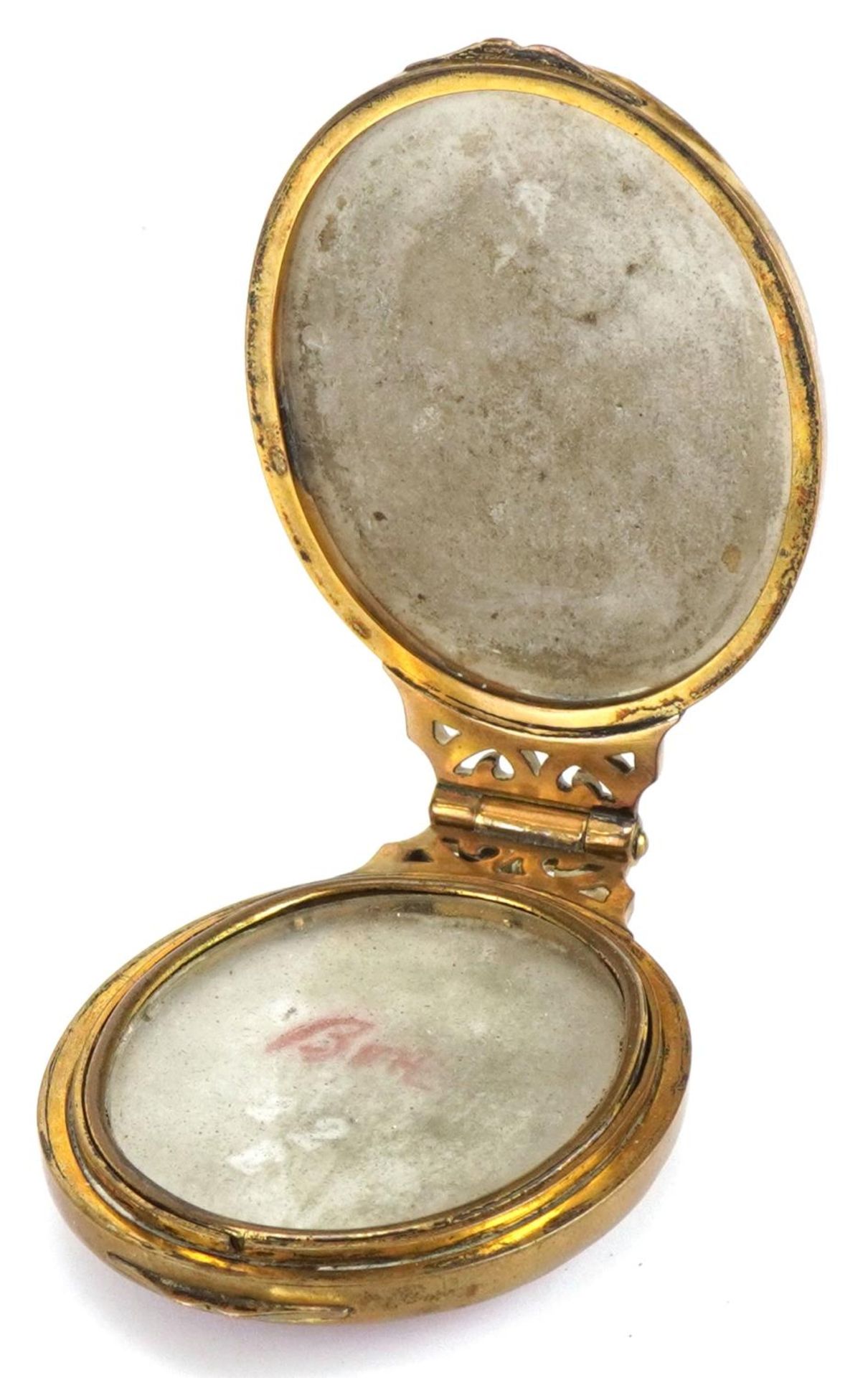 19th century Continental brass locket with two porcelain panels hand painted with 18th century - Image 4 of 6