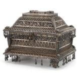 Indian Goa silver filigree table casket with tassel drops, the plaque impressed M L Bros CTC to