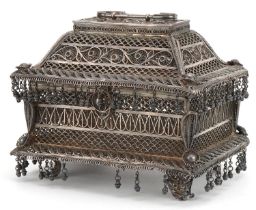 Indian Goa silver filigree table casket with tassel drops, the plaque impressed M L Bros CTC to