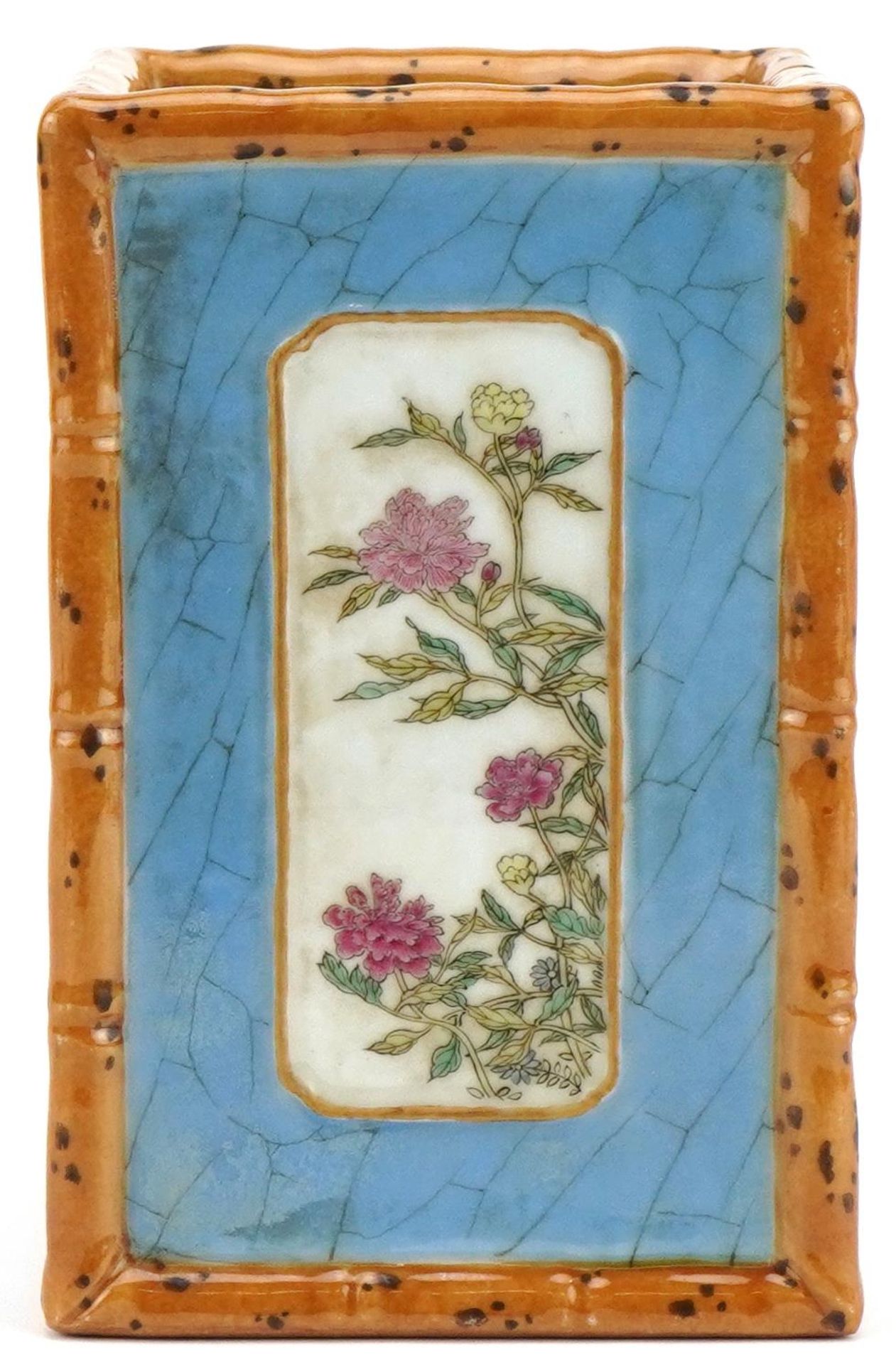 Chinese porcelain square section brush pot hand painted in the famille rose palette with panels of - Image 2 of 8