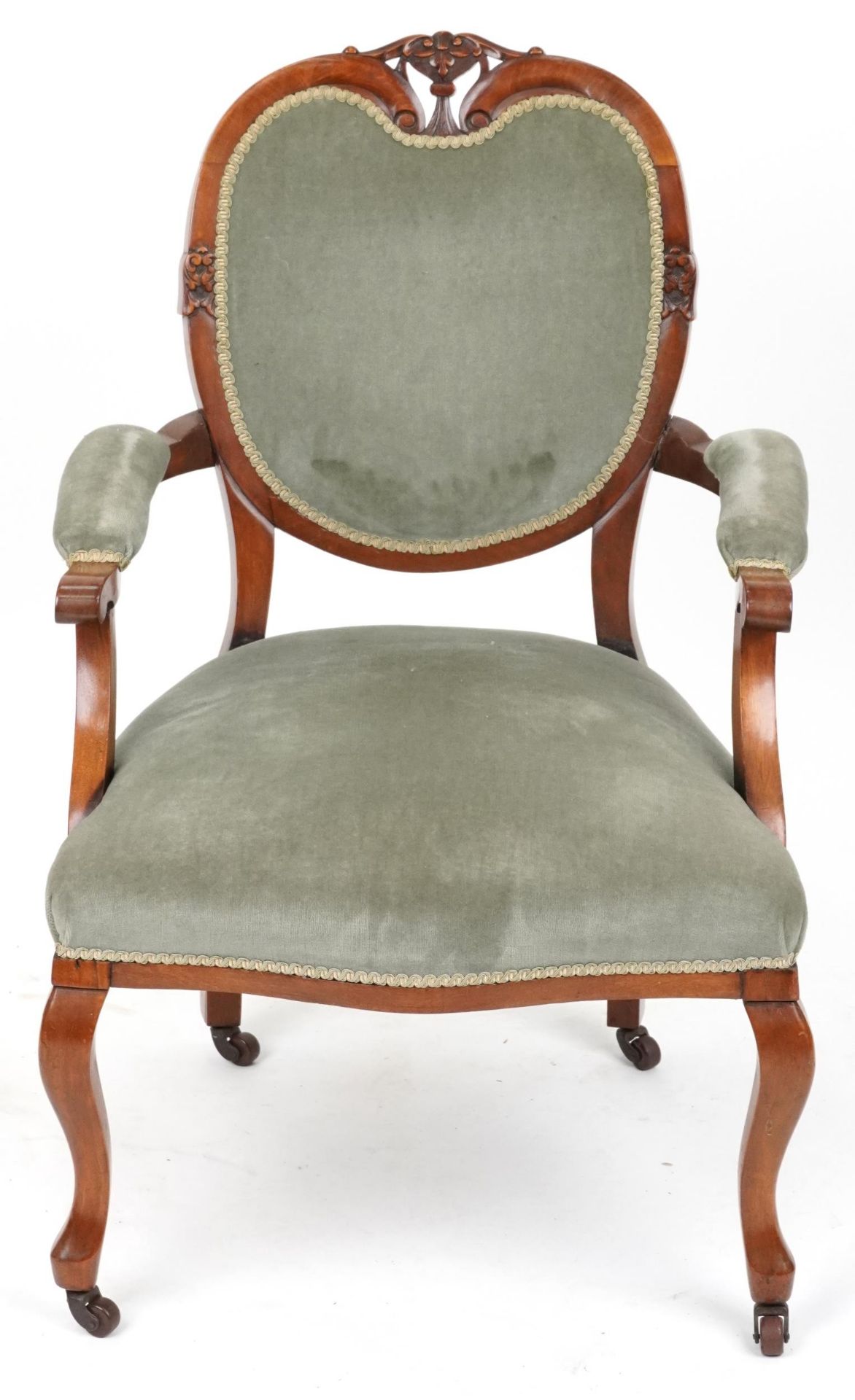 Victorian style armchair with olive green upholstery on cabriole legs with casters, 95cm high : - Bild 2 aus 5