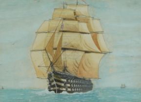 HMS Victory, naval interest heightened watercolour, mounted, framed and glazed, 46.5cm x 34cm