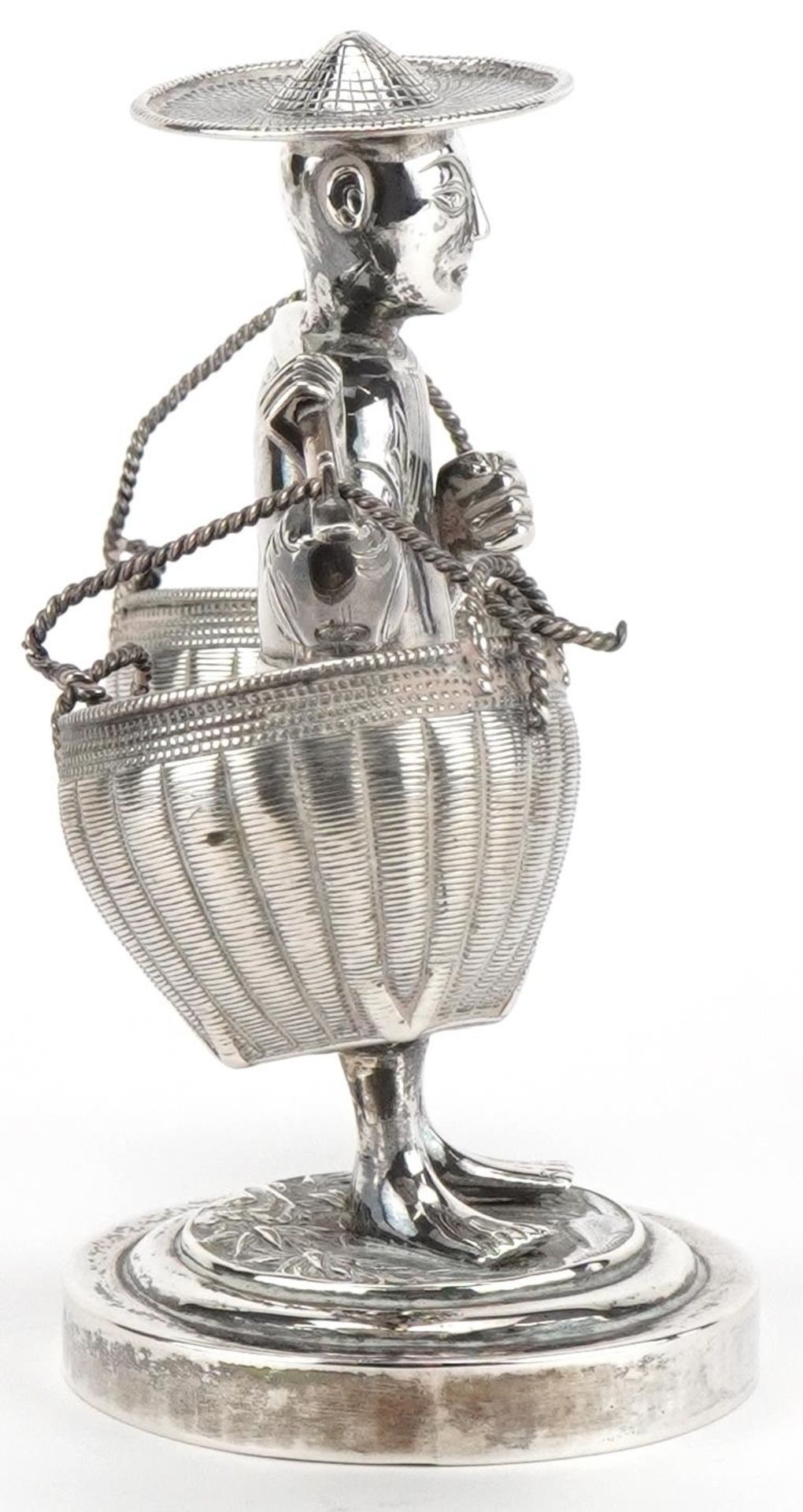 Wang Hing, Chinese export silver cruet in the form of a Chinaman carrying baskets, 10.5cm high, - Image 6 of 8