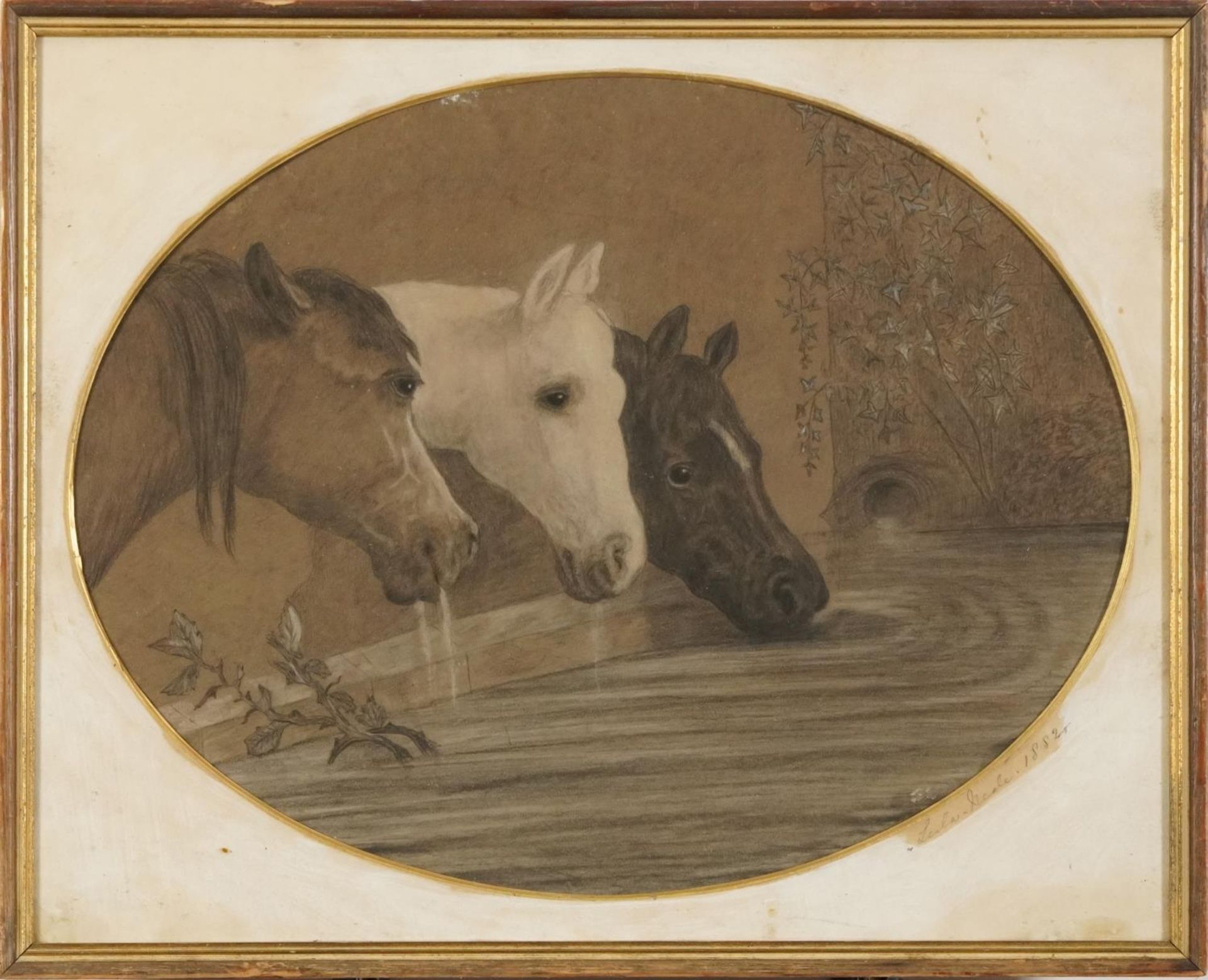 After John Herring - Study of three horses drinking from a fountain, 19th century oval pencil and - Image 2 of 4
