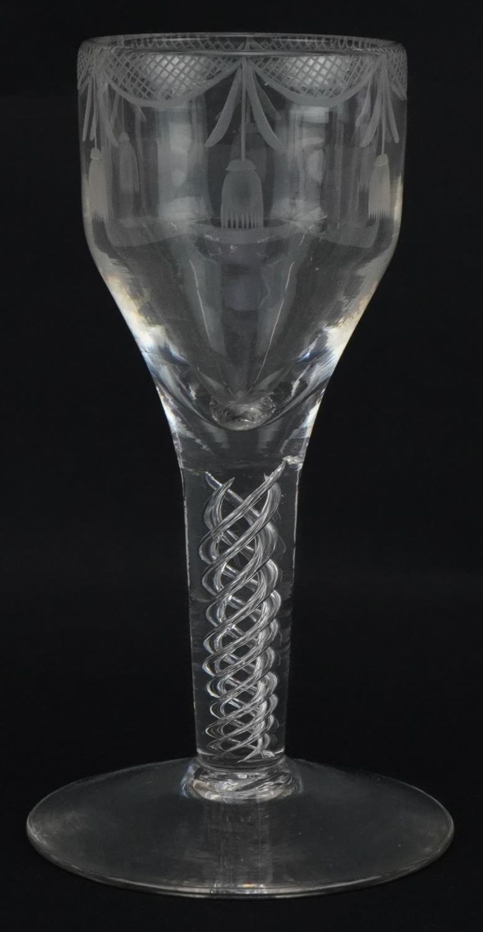18th century wine glass with air twist stem and etched bowl, 15.5cm high : For further information