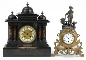 Two 19th century mantle clocks comprising a Rococo style figural spelter and brass example and a