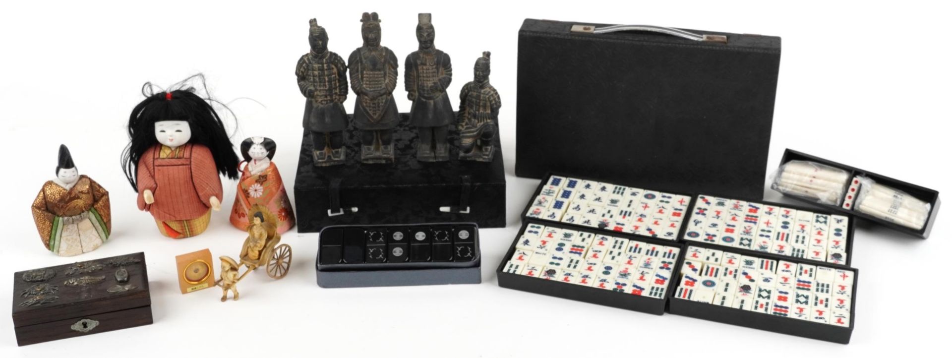 Japanese and Chinese sundry items including a hardwood box with nine applied Menuki sword ornaments,