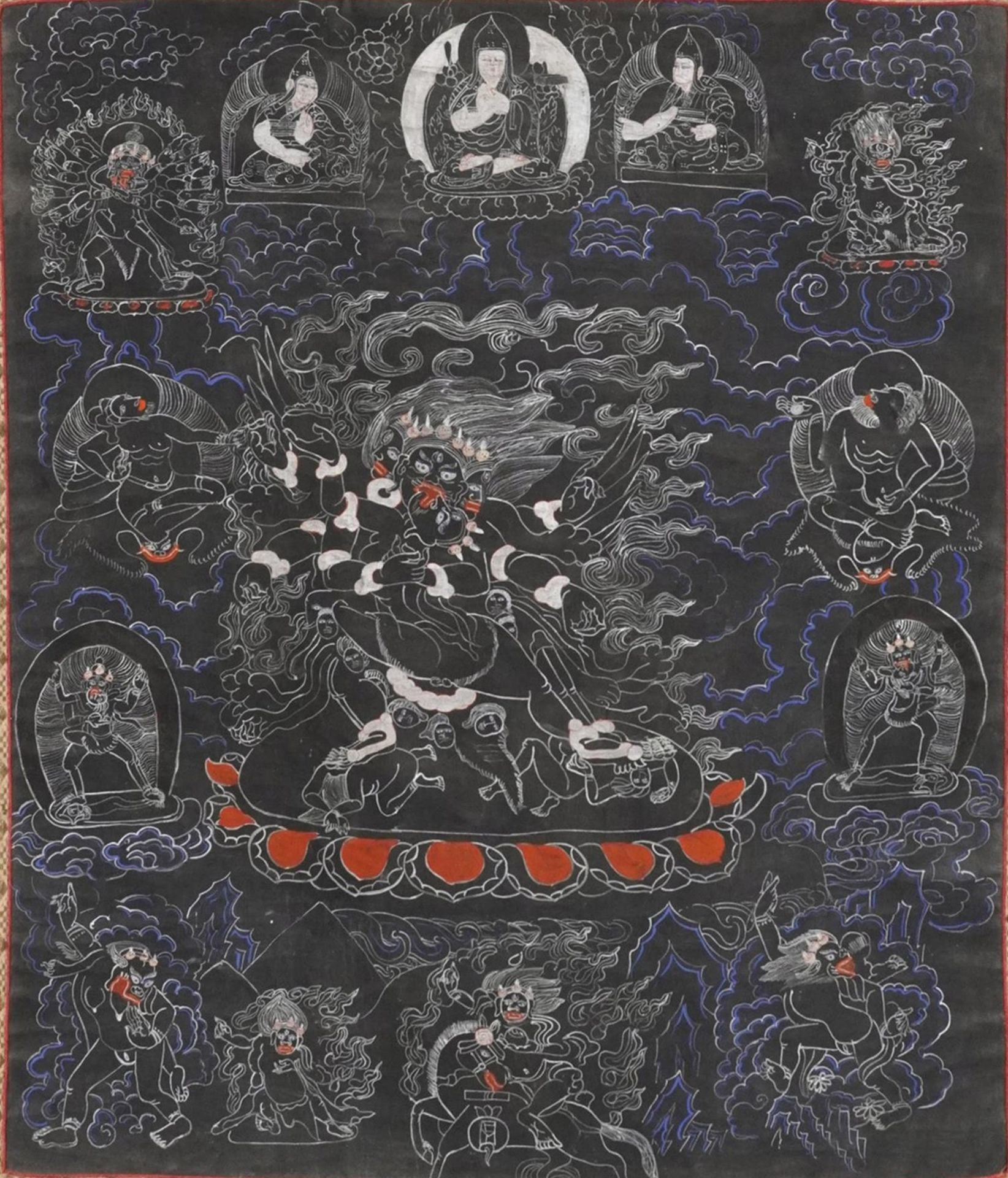 Tibetan wall hanging Buddhist thangka hand painted with deities and immortals, overall 85cm x 73cm : - Bild 3 aus 4