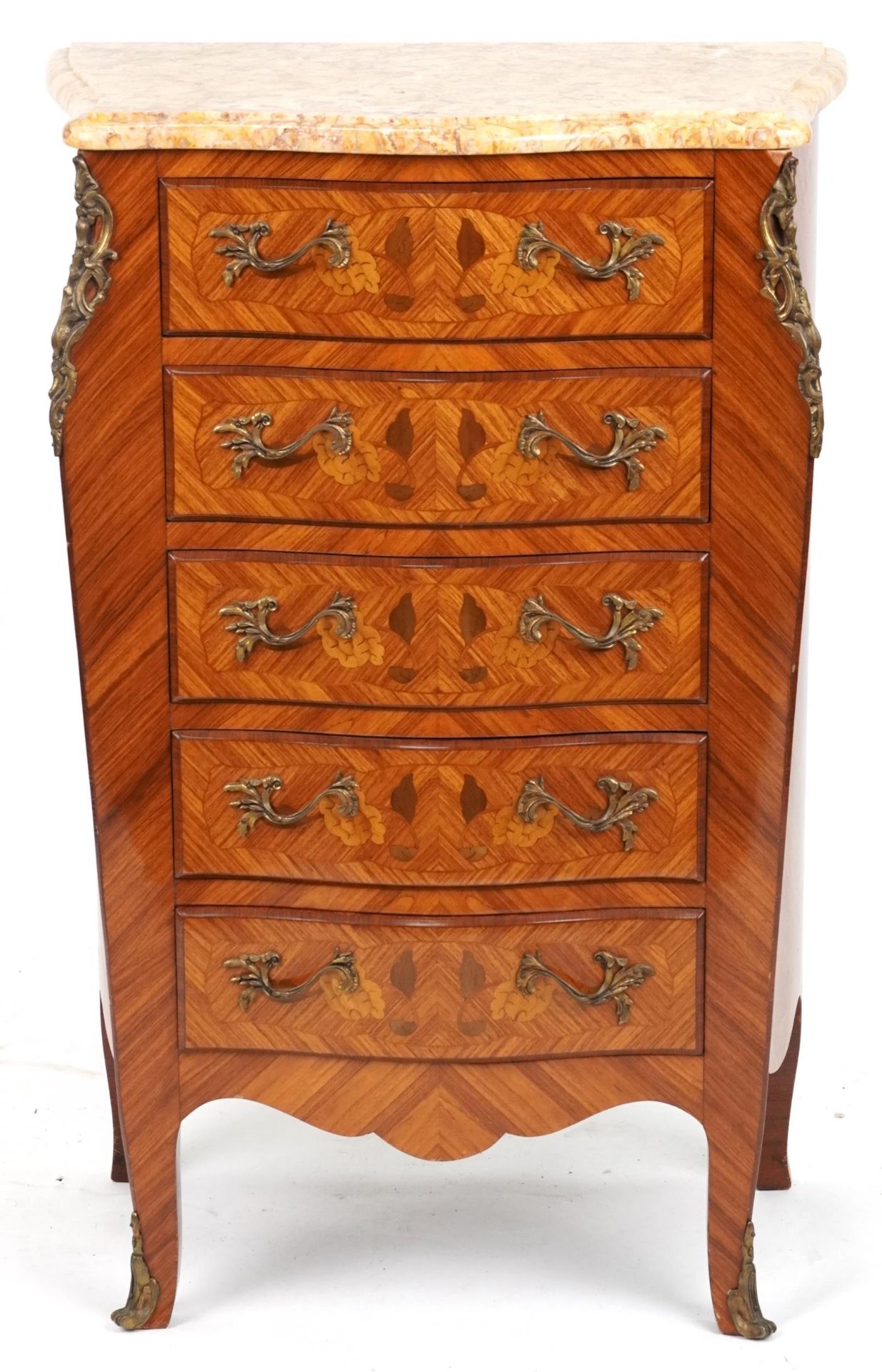 French inlaid serpentine front five drawer chest with marble top and gilt metal mounts, 98cm H x - Image 2 of 5