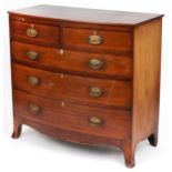 19th century mahogany and boxwood strung bow fronted chest fitted with an arrangement of five