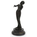 Patinated bronze statuette of an Art Nouveau female playing a violin raised on a circular marbleised
