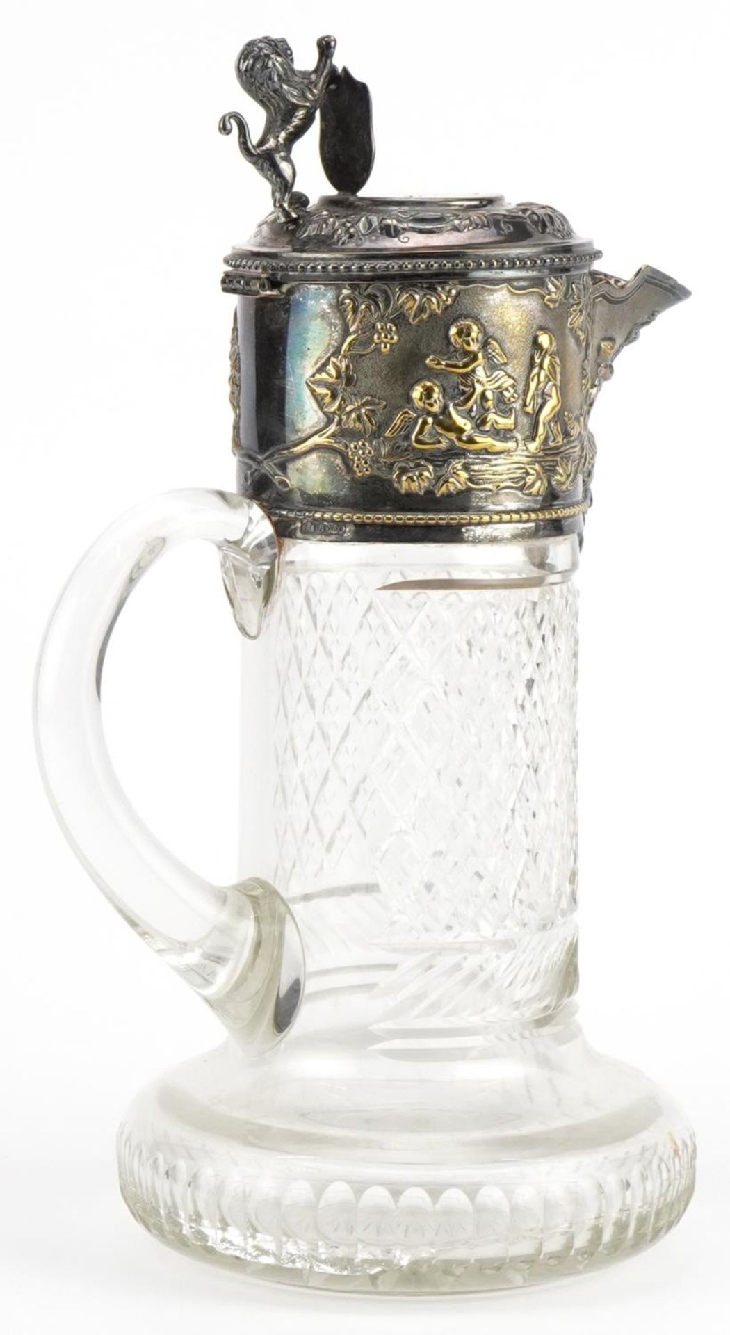 19th century cut glass claret jug with silver plated mounts embossed with a Bacchanalian scene - Image 3 of 5