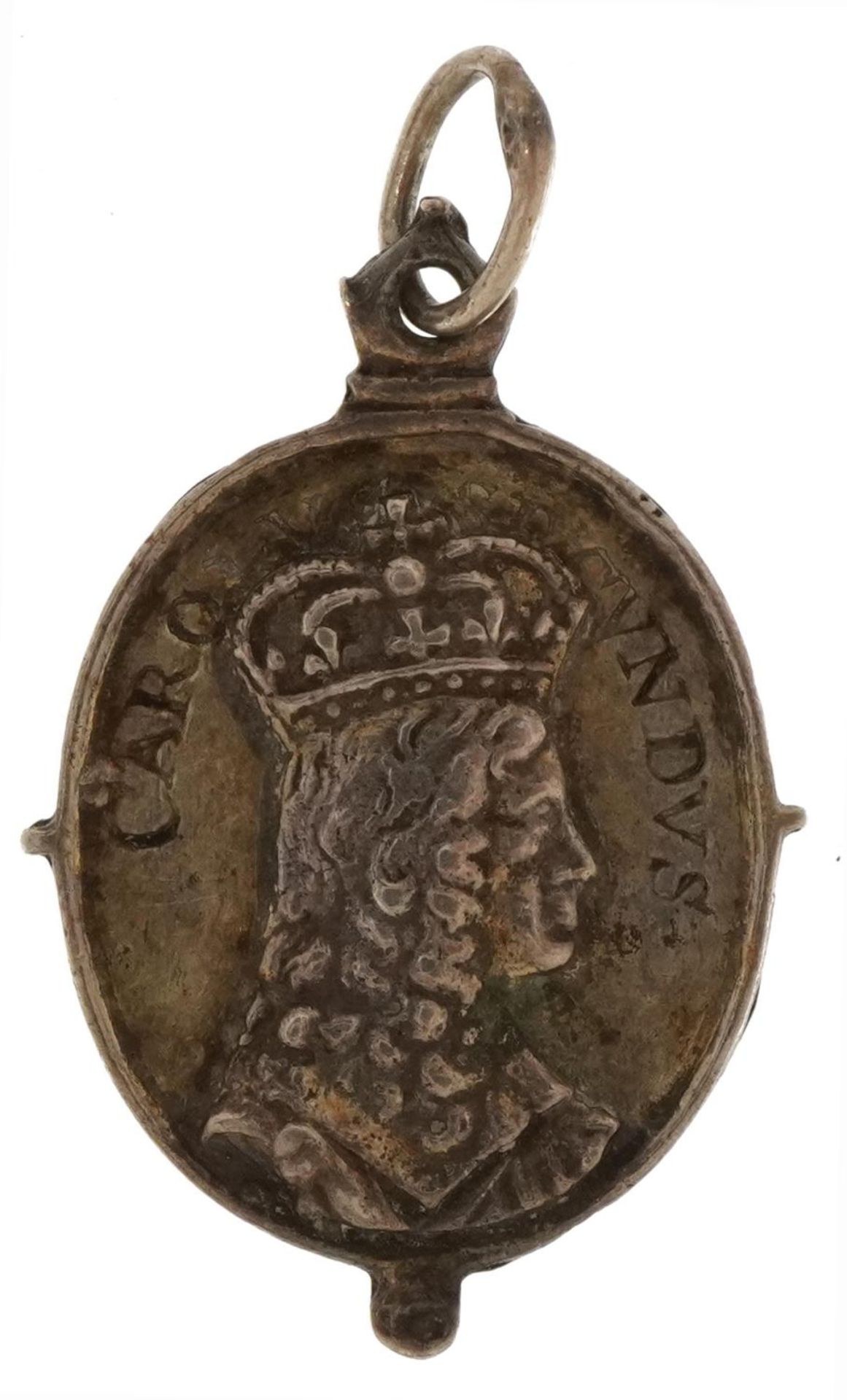 Charles II unmarked silver Royalist badge, 3cm high : For further information on this lot please