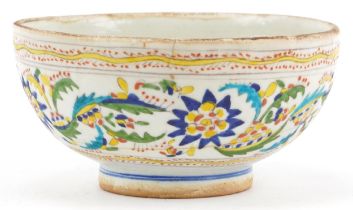 Turkish Ottoman Kutahya pottery footed bowl hand painted with flowers, 19cm in diameter : For