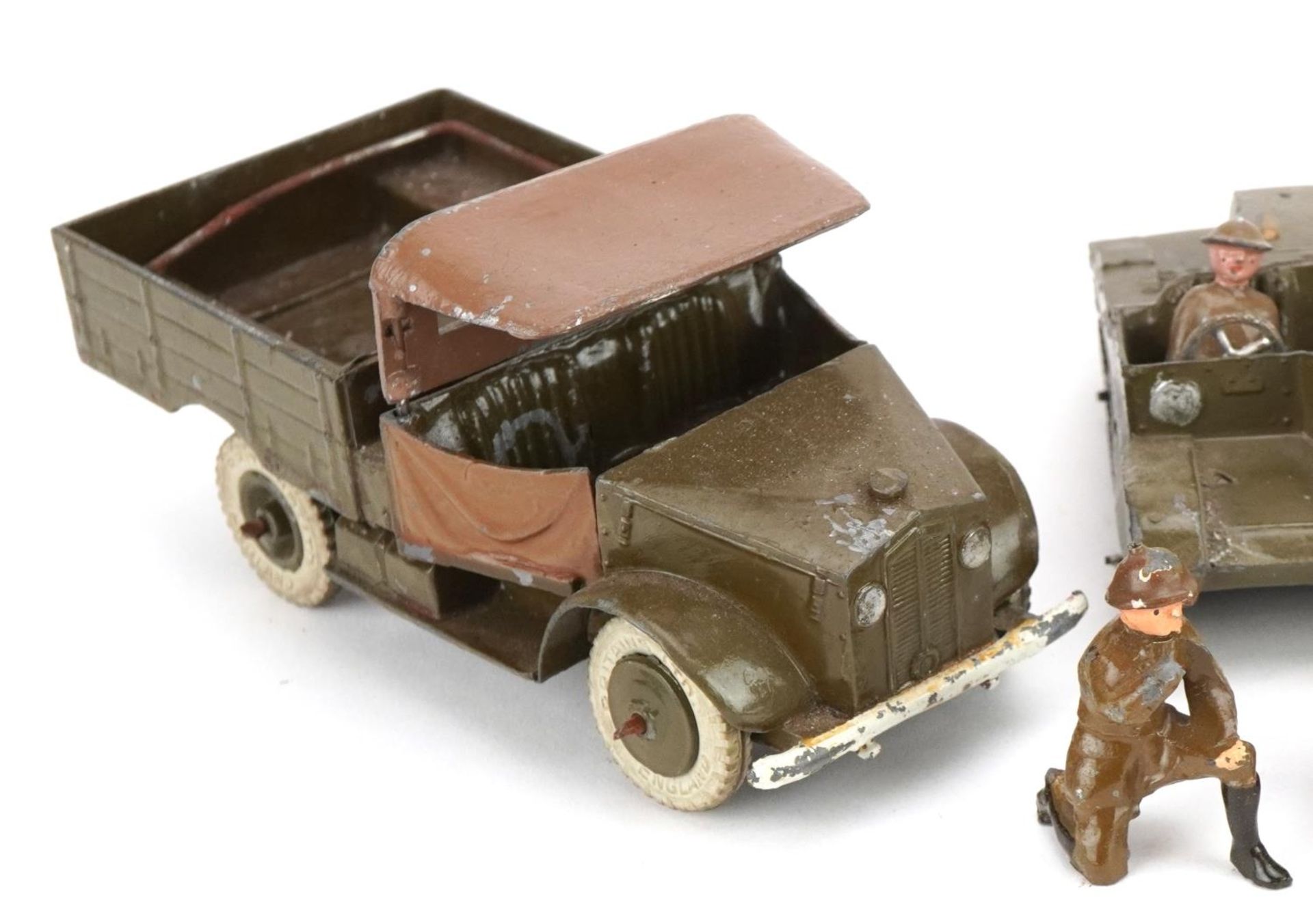 Two Britains hand painted lead military interest Beetle lorries and a Bren Gun carrier, with paper - Image 3 of 7