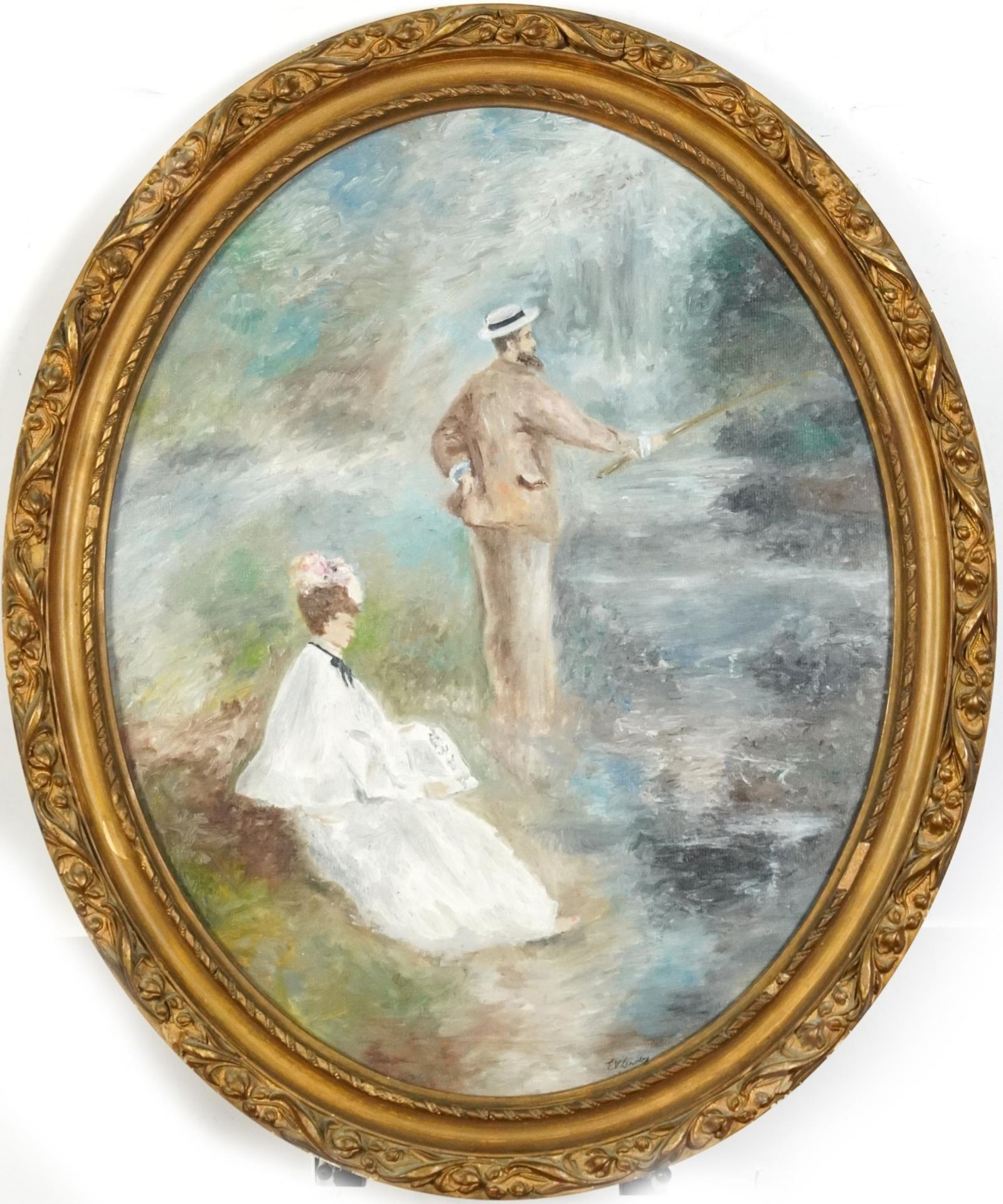 Gentlemen fishing with and admirer, French Impressionist oval oil on board, framed, 49.5cm x 39cm - Bild 2 aus 4