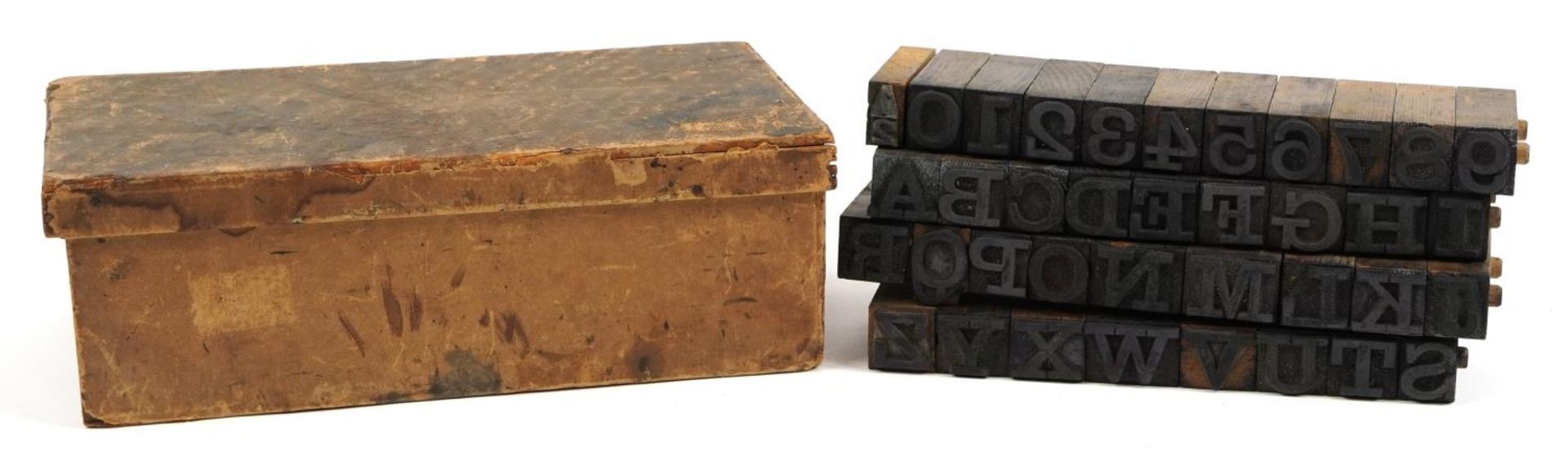 Set of vintage alphabet and numbers printer's blocks with fitted case : For further information on