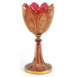 Attributed to Moser, large 19th century Bohemian ruby glass goblet finely gilded with flowers