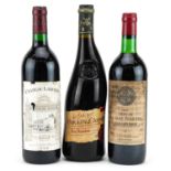 Three bottles of red wine comprising 1982 Chateau la Rose Perrier Lussat-Saint-Emilion, 1993 Chateau