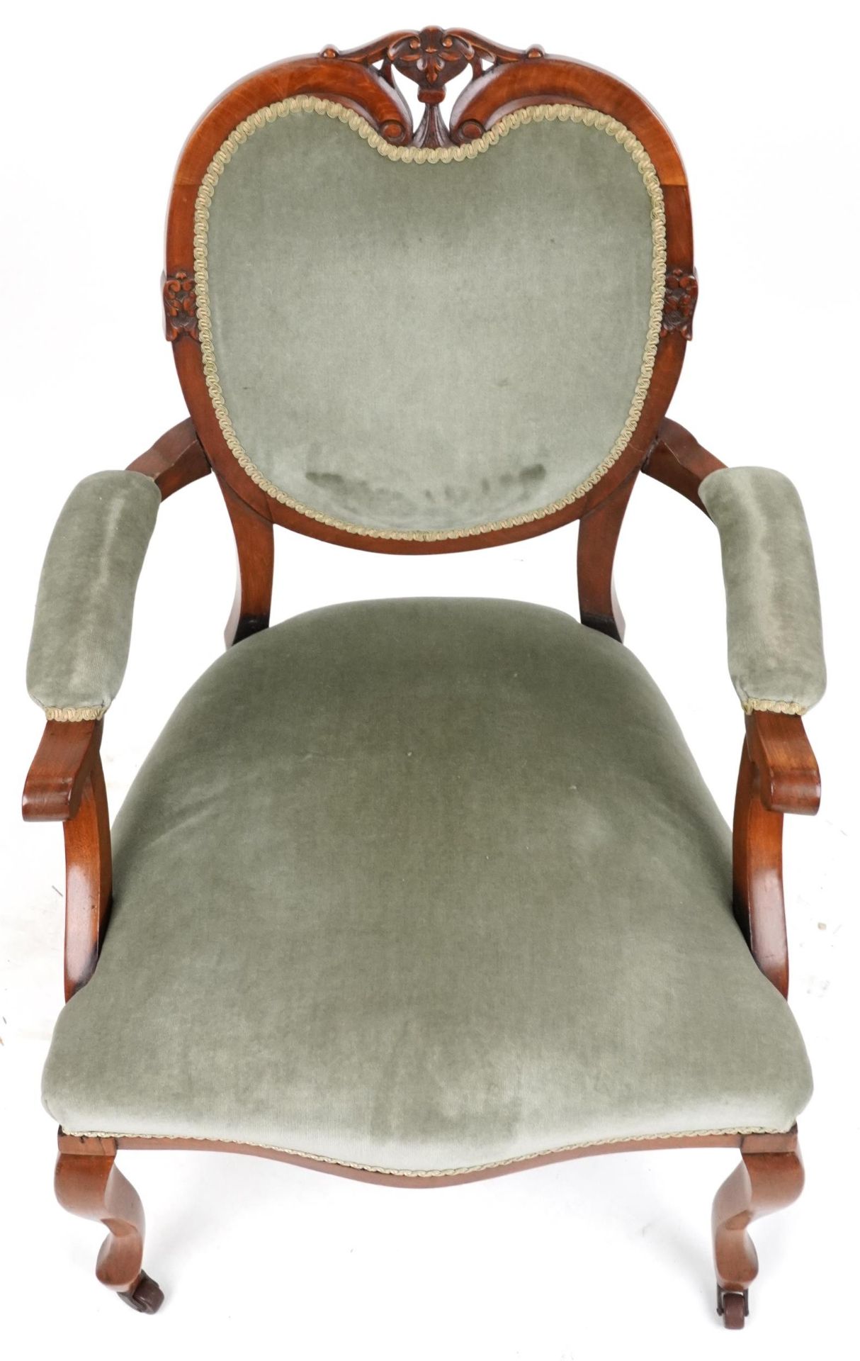 Victorian style armchair with olive green upholstery on cabriole legs with casters, 95cm high : - Bild 3 aus 5