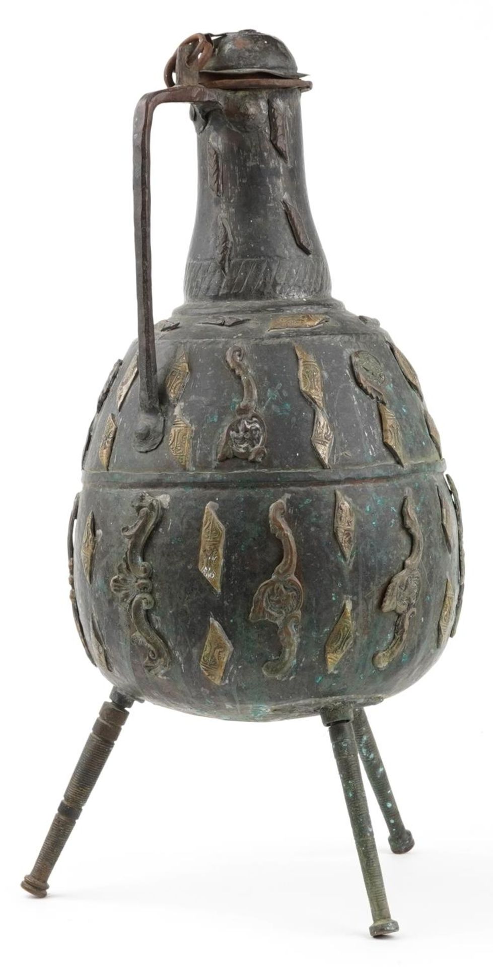 Large Middle Eastern patinated bronze three footed handled vessel, 64cm high : For further - Image 2 of 3
