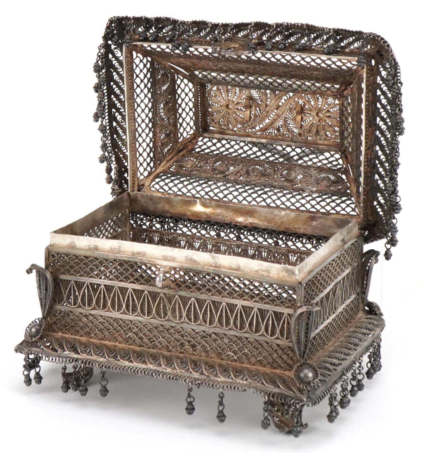 Indian Goa silver filigree table casket with tassel drops, the plaque impressed M L Bros CTC to - Image 2 of 6