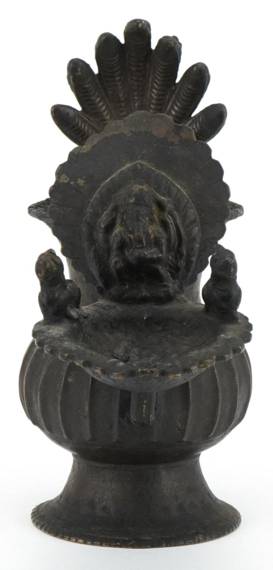 Antique Nepalese bronze oil lamp, 18cm high : For further information on this lot please visit www. - Image 2 of 7