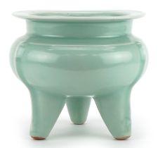 Unusually large Chinese lobed tripod censer having a celadon glaze, 19cm high x 29cm in diameter :