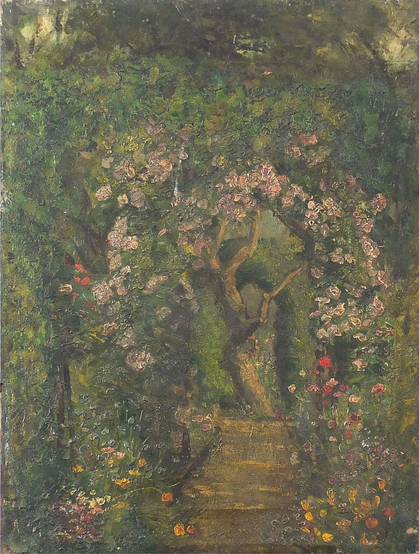 Flowers and trees before an archway, oil on canvas, unframed, 43cm x 33cm : For further