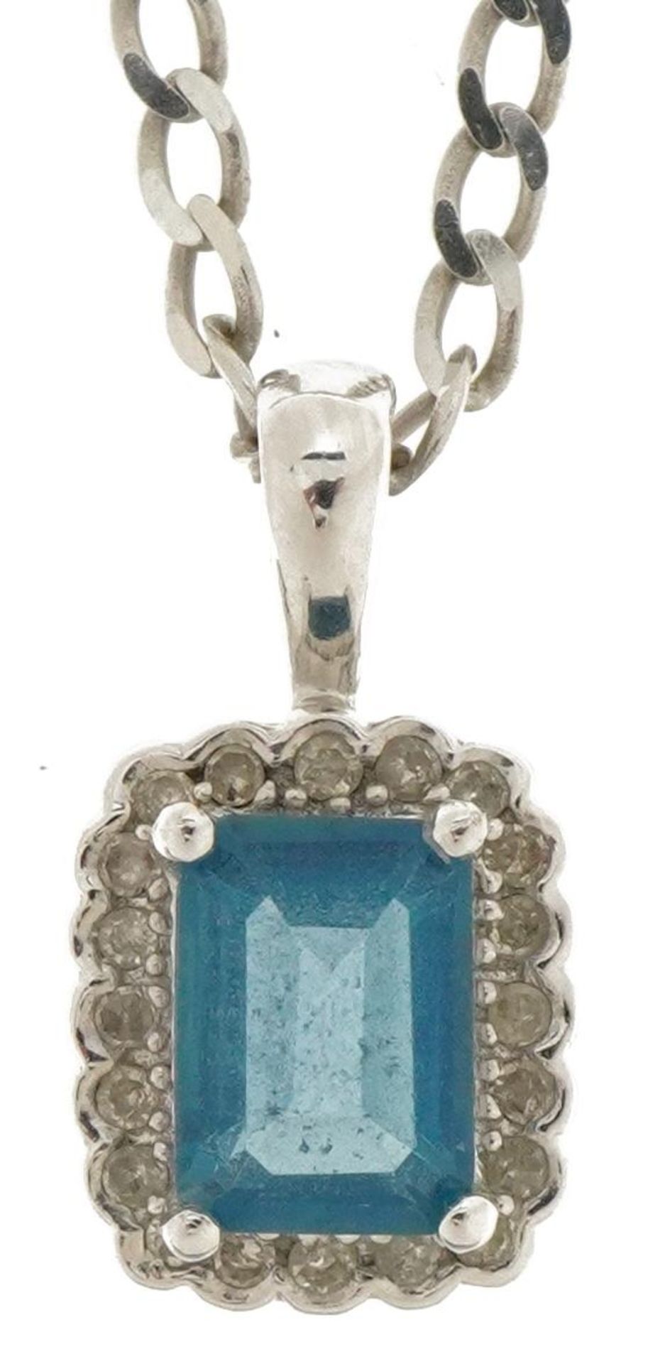 9ct white gold blue topaz and diamond pendant on a 9ct white gold necklace, 1.6cm high and 44cm in