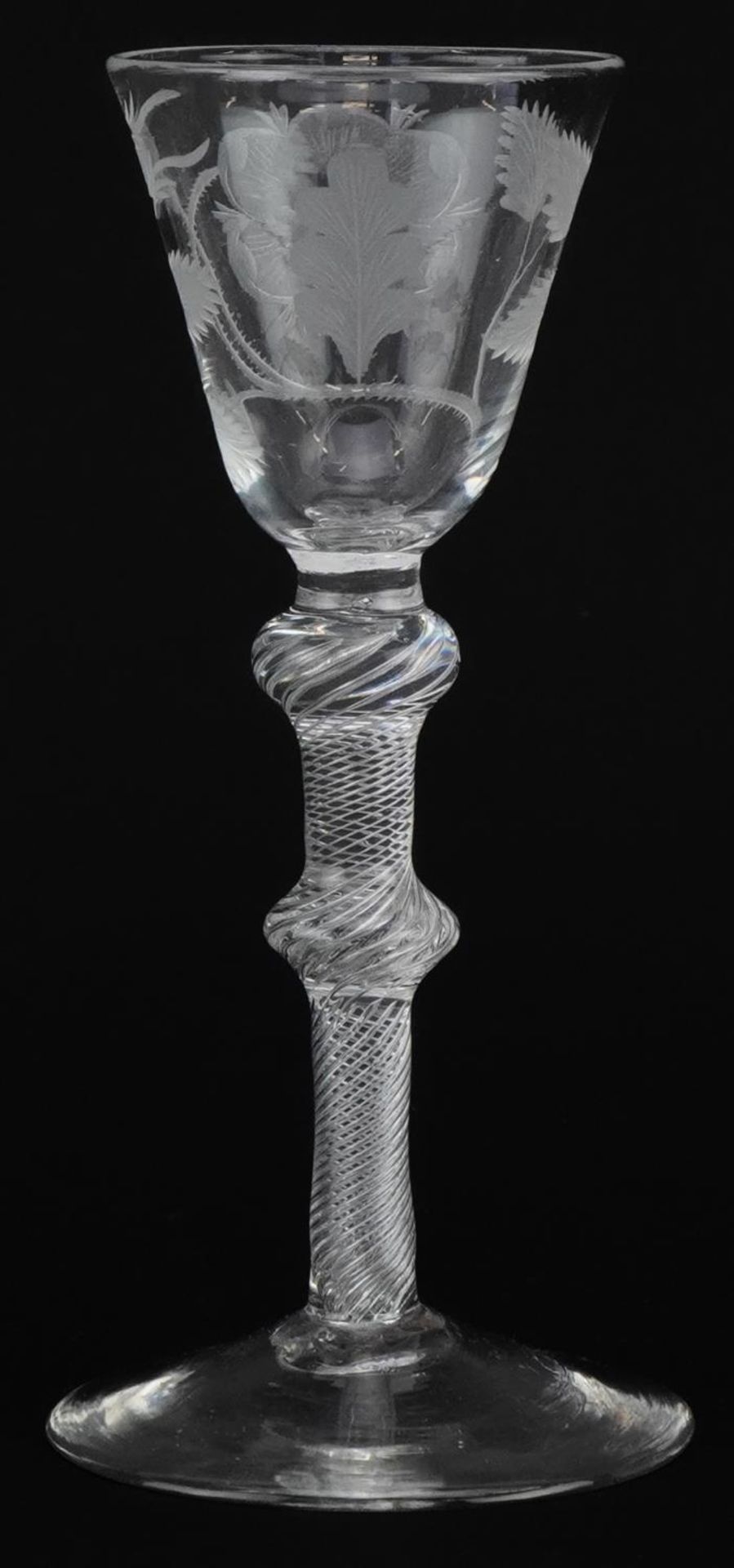 18th century Jacobite double knop wine glass with air twist stem and rose engraved bowl, 15.5cm high - Bild 2 aus 4