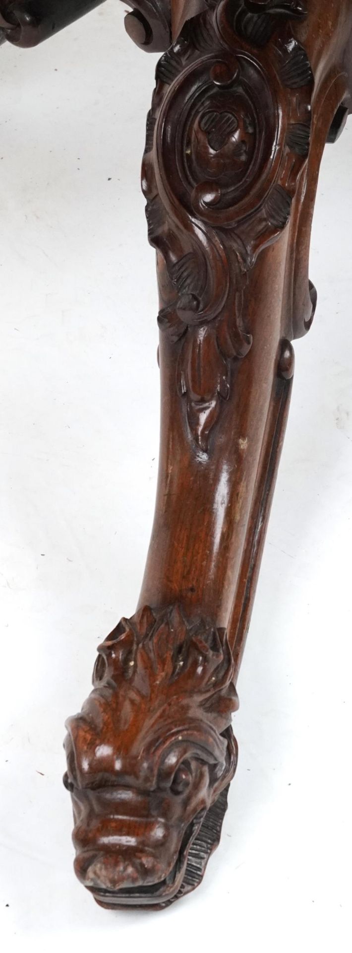 Victorian rosewood tilt top breakfast table with carved bulbous column on lion mask feet, 74cm H x - Image 6 of 6