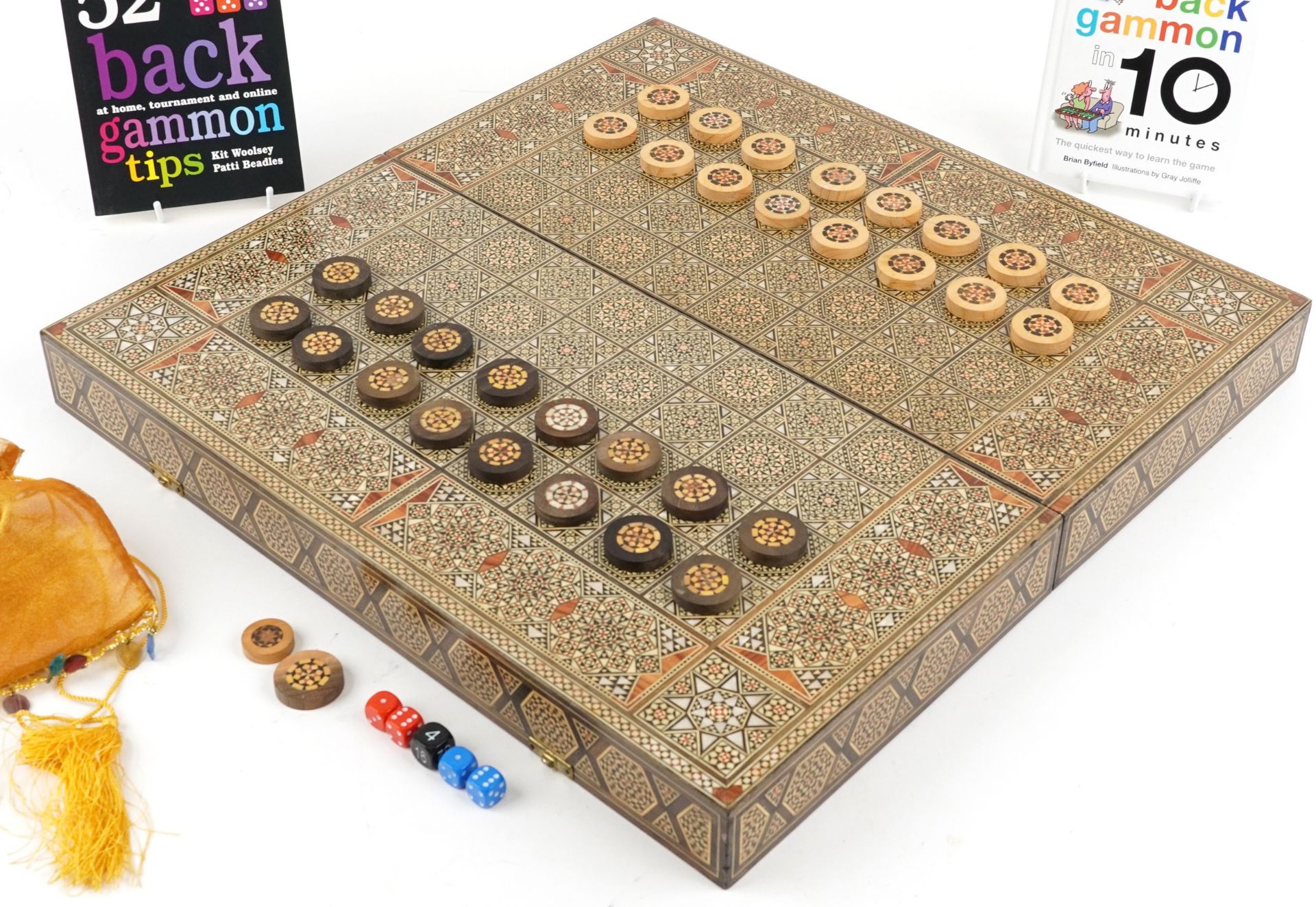 Syrian Moorish style Vizagapatam folding games board with backgammon set, 11cm high x 52cm W x - Image 5 of 6