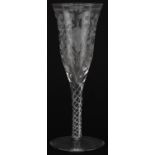 Good quality wine glass with air twist stem and acid etched bowl finely engraved with flowers, 17.