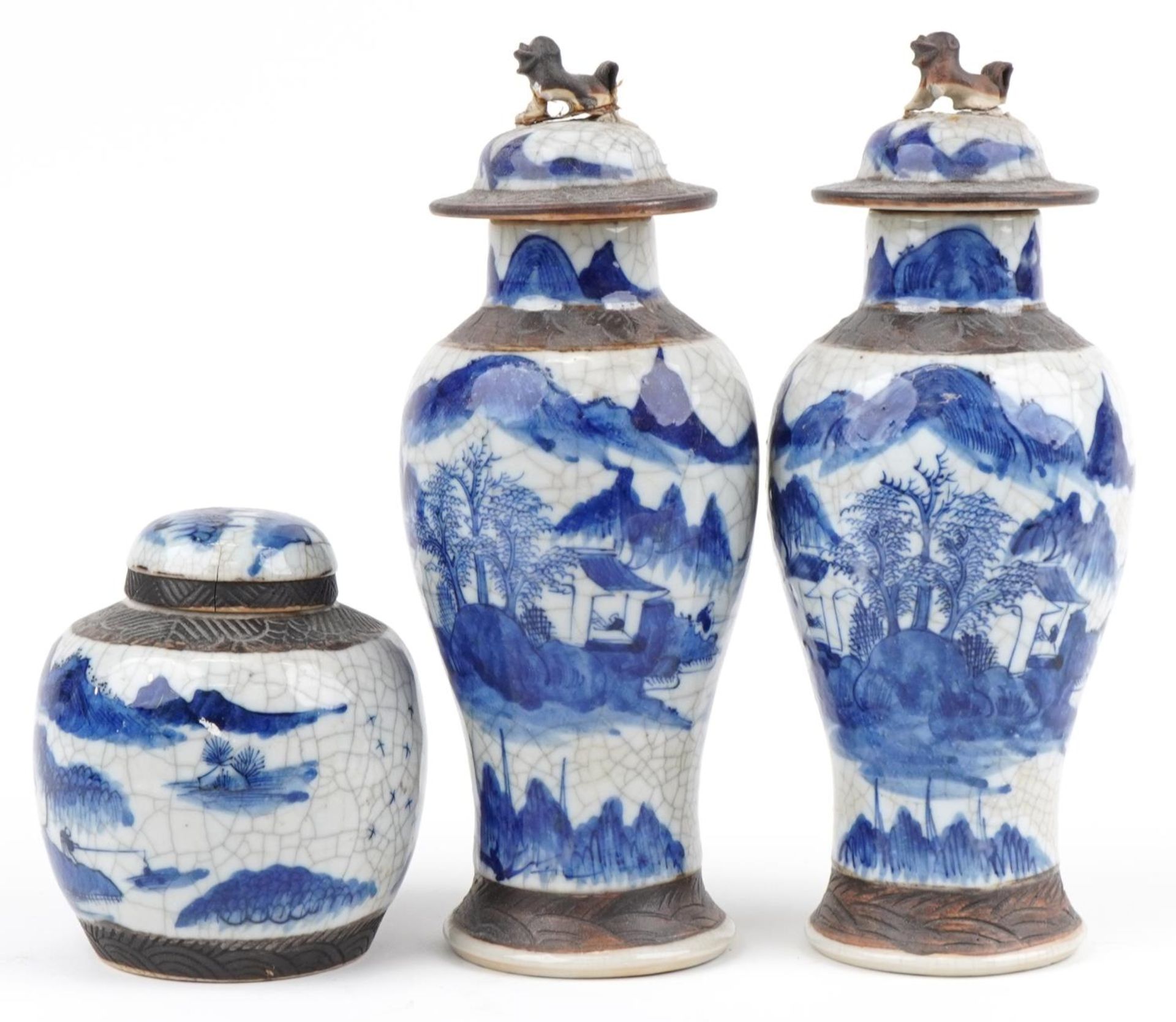 Chinese blue and white crackle glaze porcelain including a pair of lidded baluster vases hand - Bild 2 aus 7