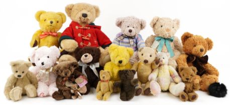 Vintage and later teddy bears, some with jointed limbs, including Dean's, Merrythought, Harrod's,