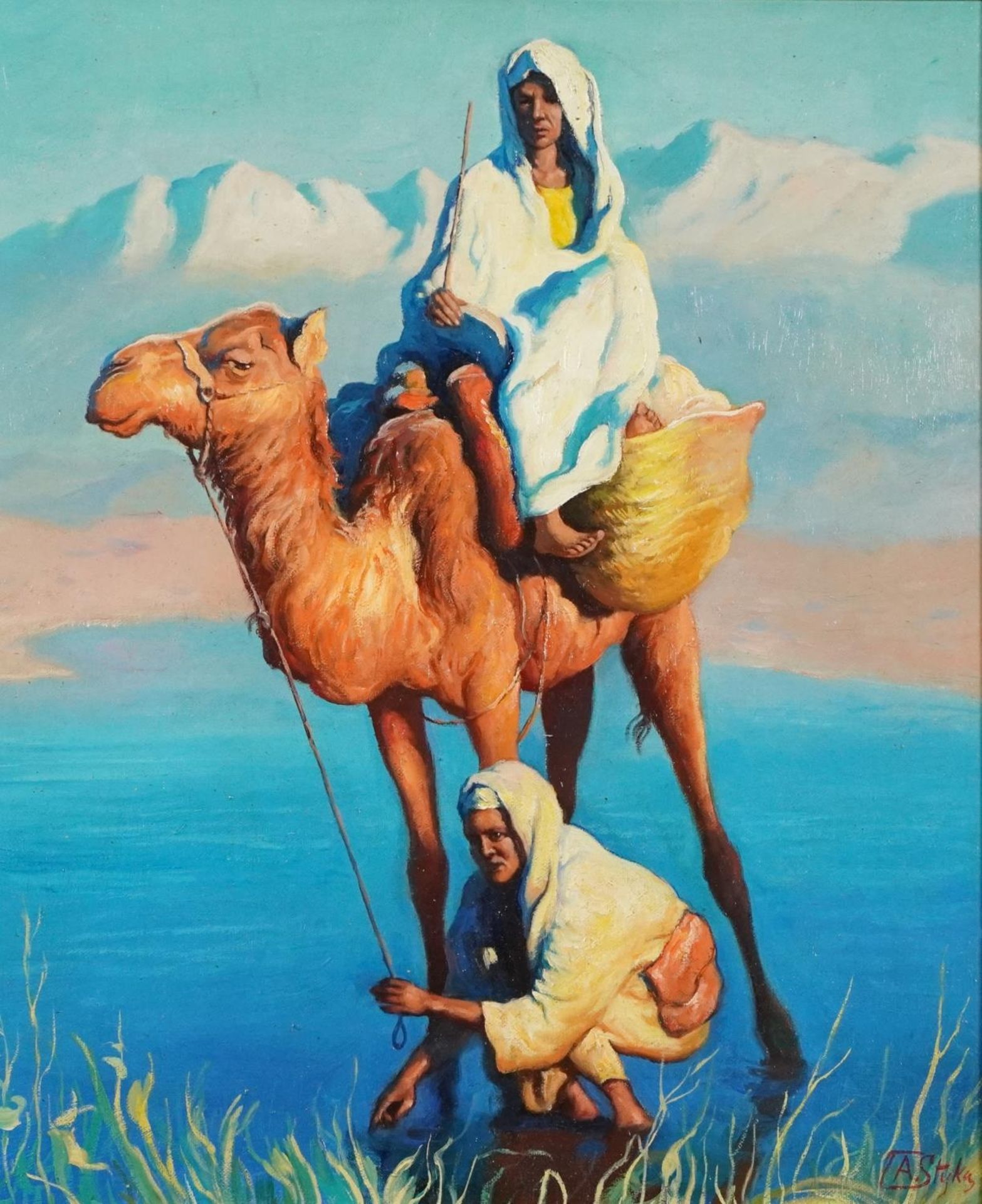 Desert scene with figure on camelback and handler, continental school oil, mounted and framed,