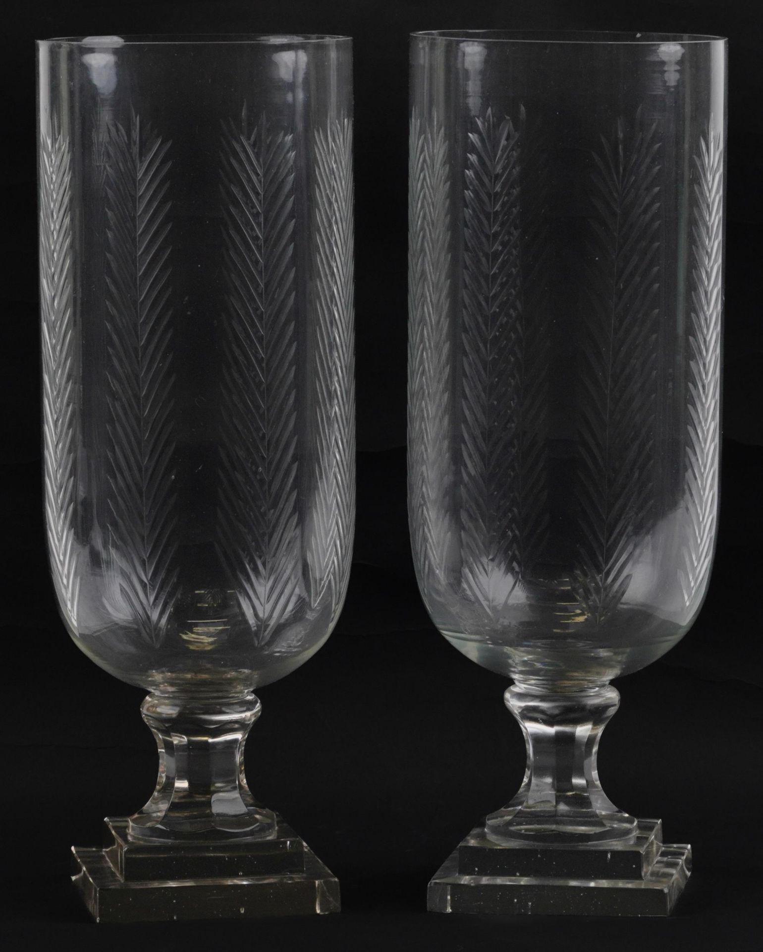 Pair of Regency style celery glass vases on square stepped bases, each 40.5cm high : For further