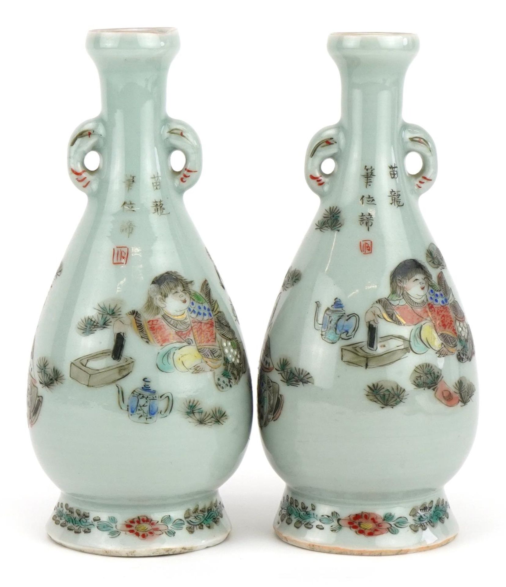 Pair of Japanese porcelain vases hand painted with a father and children, signed with calligraphy - Image 3 of 7