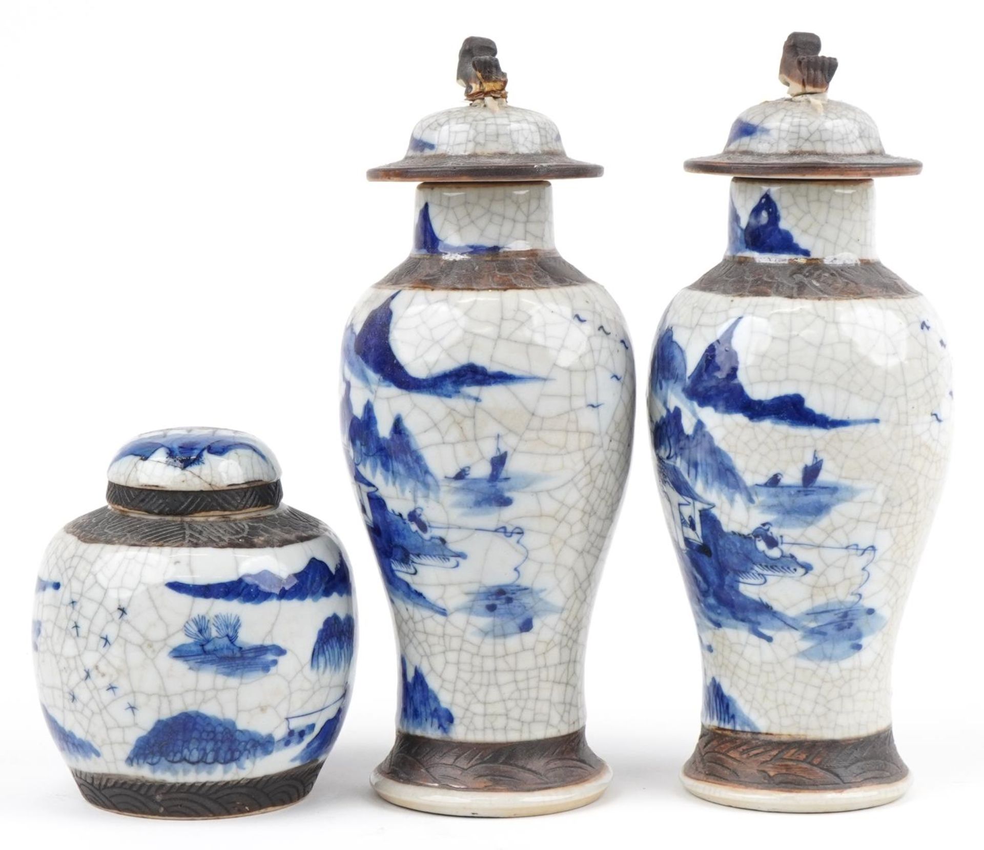Chinese blue and white crackle glaze porcelain including a pair of lidded baluster vases hand - Image 3 of 7