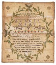 Early 19th century needlework sampler with verse worked by Hannah Downing, March 15th 1811, 33.5cm x