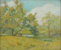 Wolcott - Figures beside water, Impressionist oil on board, The Rowley Gallery label verso,