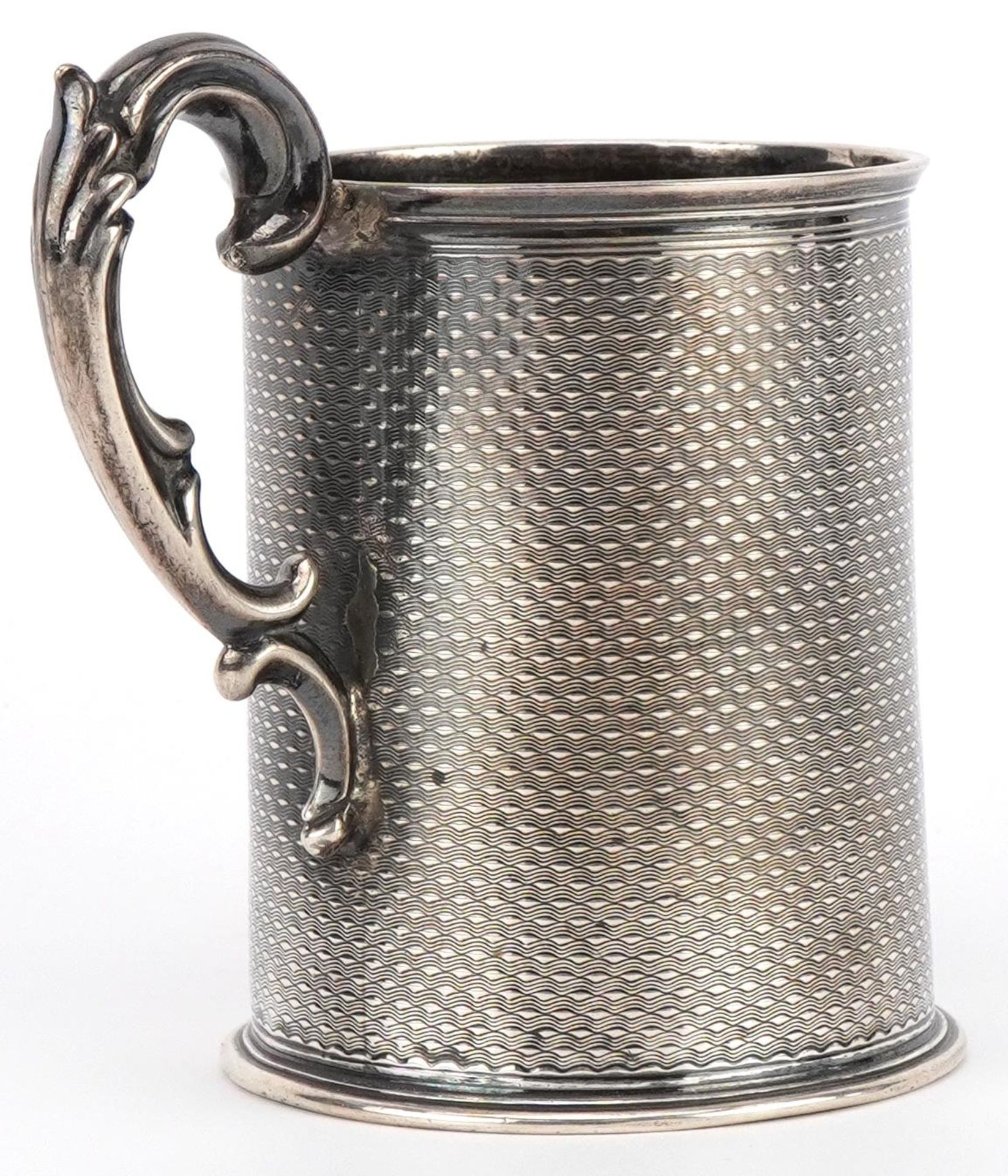 Victorian engine turned silver christening tankard, WH maker's marks, London 1863, 10cm high, 123.1g - Image 3 of 5