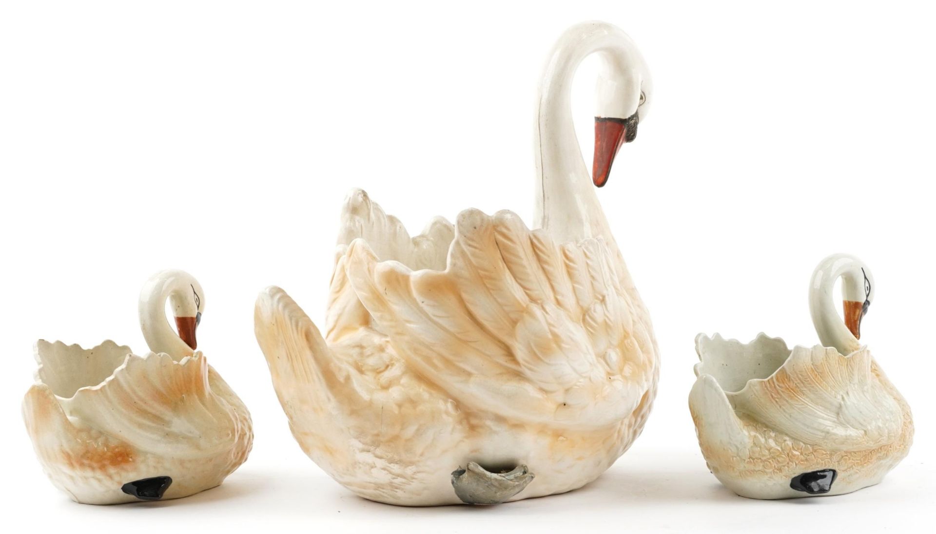 Three hand painted ceramic planters in the form of swans, the largest 44cm in length : For further - Image 2 of 3