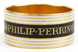 George III silver gilt, black and white enamel mourning ring inscribed Philip Perring. Esq. OB 7